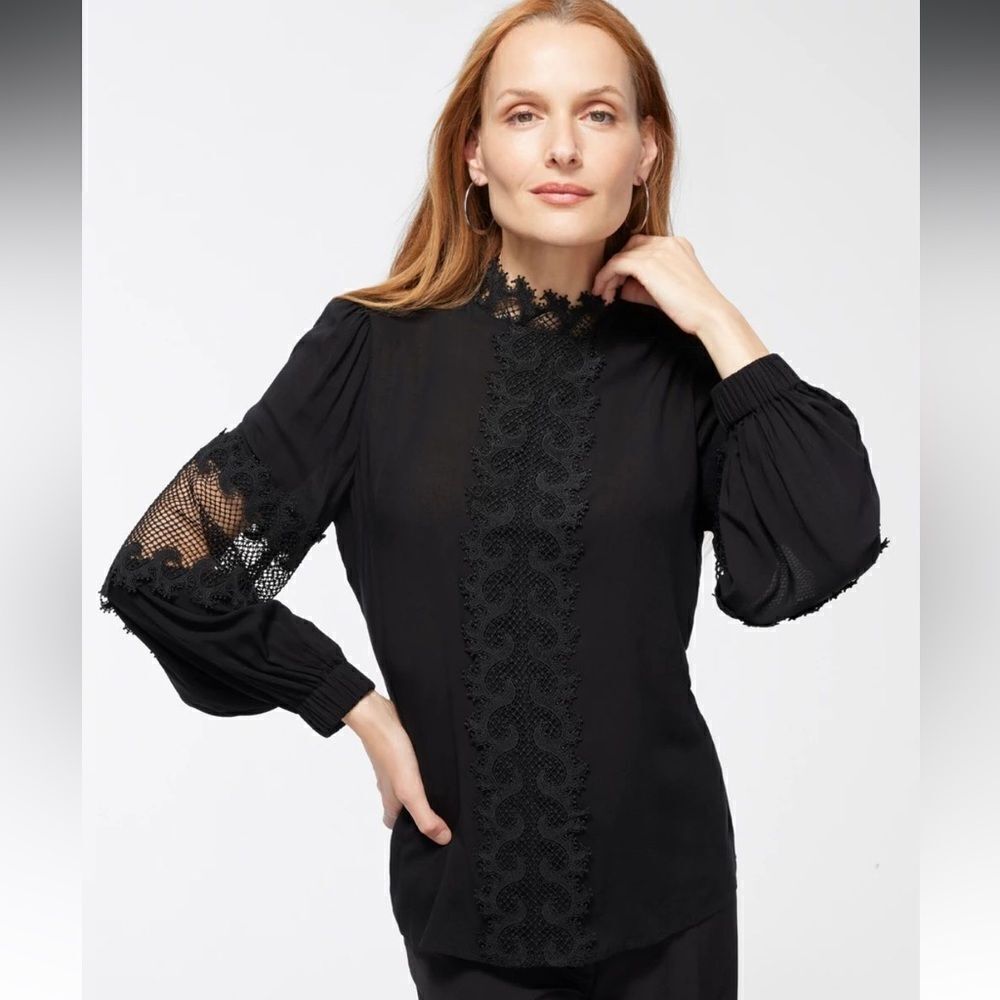 Black Label by Chico’s Black Lace Trim Cropped Blouse Long Cuffed Sleeve 16